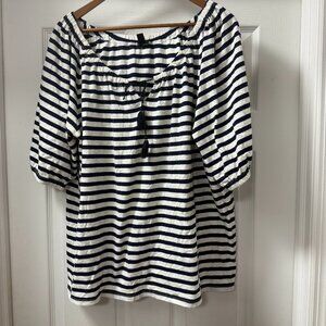 J. Crew striped puff sleeve cotton-linen blend tassel tie detail top size XL